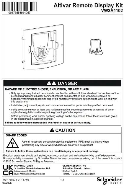 schneider施耐德Instruction Sheet - Door mounting kit IP54 - for remote graphic terminal - VW3A1102